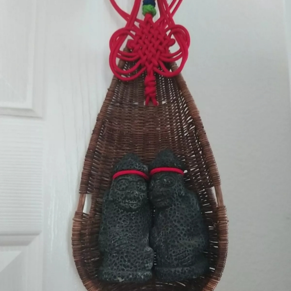 Vintage Chinese Culture Red Knot  Wall Hanging Tassel w/ Two Lava Figurines